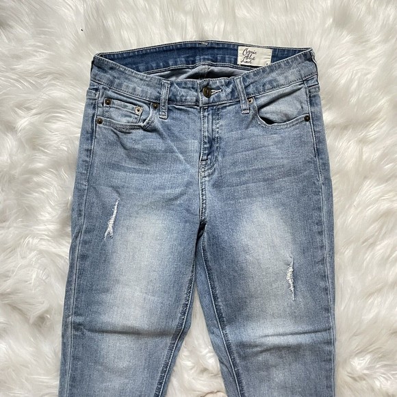 Cosmic Blue Love Cropped Denim Jeans Size 28 Blue Mid Rise Distressed Raw Hem - Picture 2 of 12